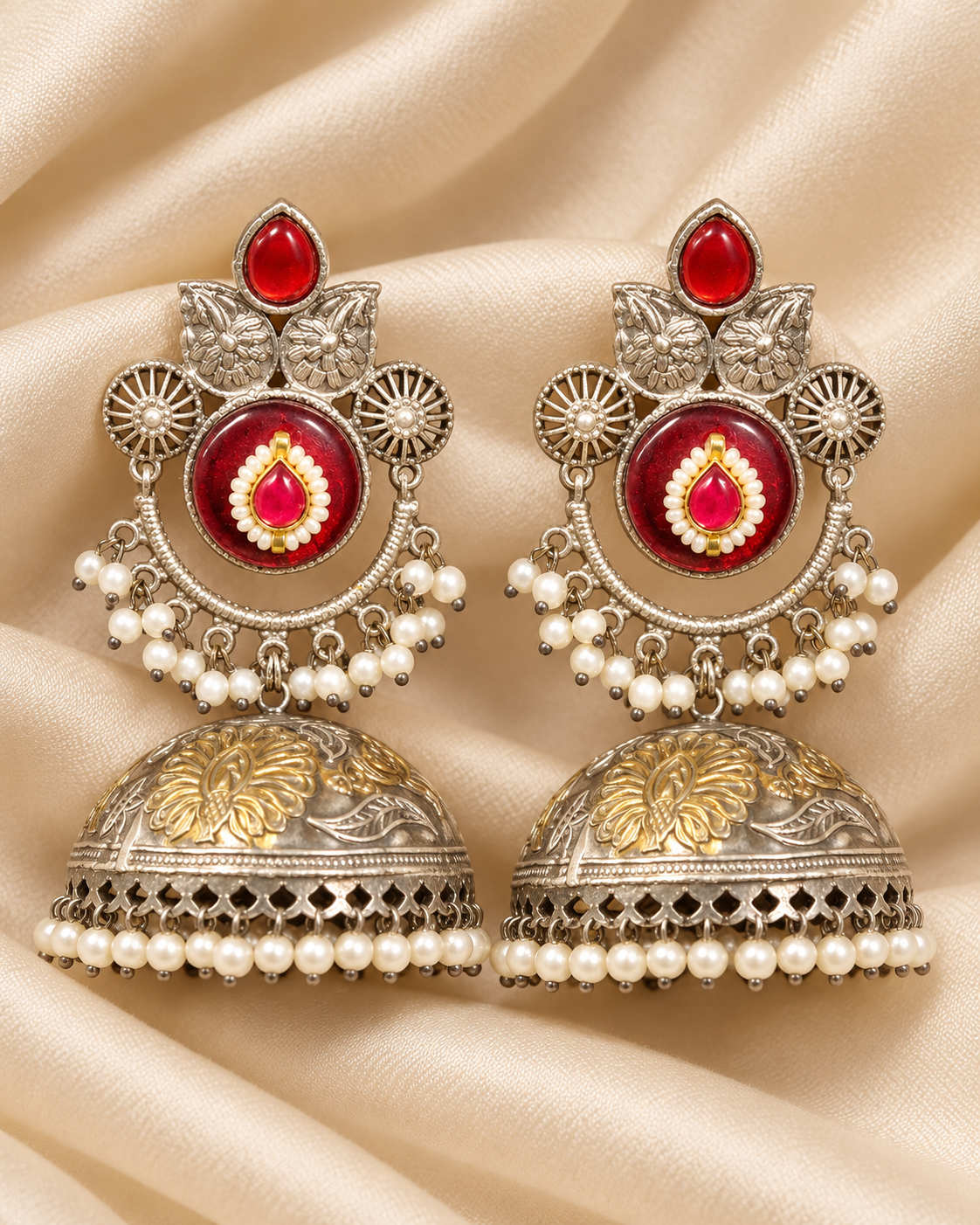 Round Stone Dual Tone Jhumka Earrings - Ruby - display-detail view