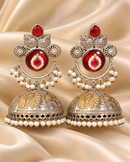 Round Stone Dual Tone Jhumka Earrings - Ruby - earring-detail view