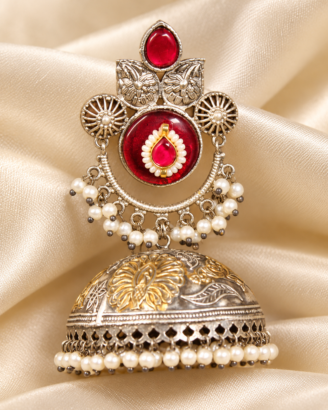 Round Stone Dual Tone Jhumka Earrings - Ruby - ornament-detail view