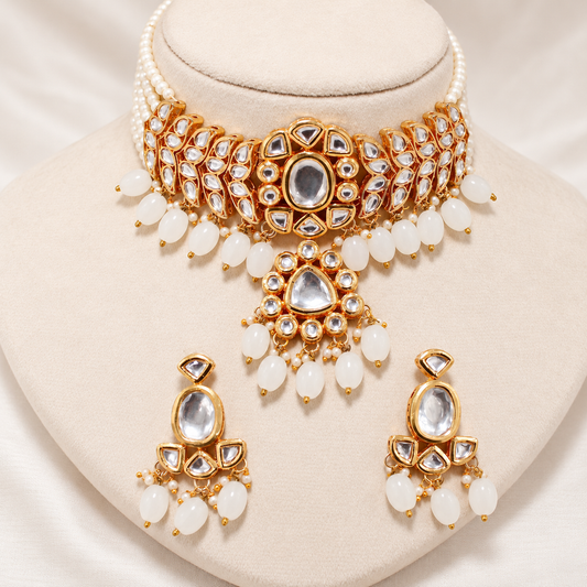 Polki Pearl Choker Necklace Set With Drop Earrings — Retouched product hero view from original photographs