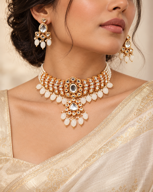 Polki Pearl Choker Necklace Set With Drop Earrings — AI-styled model view; fit estimated from original reference photograph