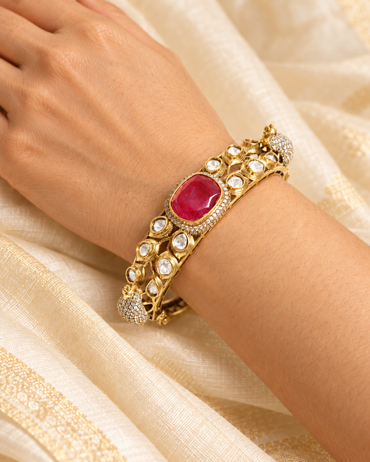Ruby Pink Polki Elephant Motif Kada — AI-styled model view; fit estimated from original reference photograph