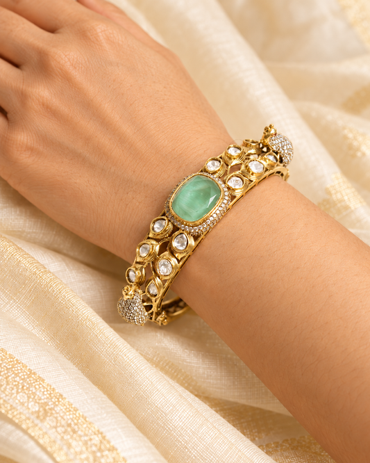 Mint Green Polki Peacock Motif Kada — AI-styled model view; fit estimated from original reference photograph