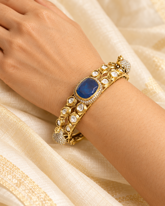 Royal Blue Polki Elephant Motif Kada — AI-styled model view; fit estimated from original reference photograph