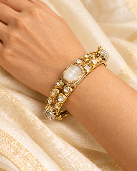 Pearl White Polki Elephant Motif Kada — AI-styled model view; fit estimated from original reference photograph