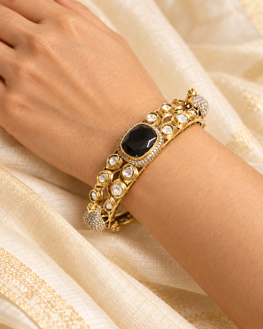 Black Onyx Polki Elephant Motif Kada — AI-styled model view; fit estimated from original reference photograph