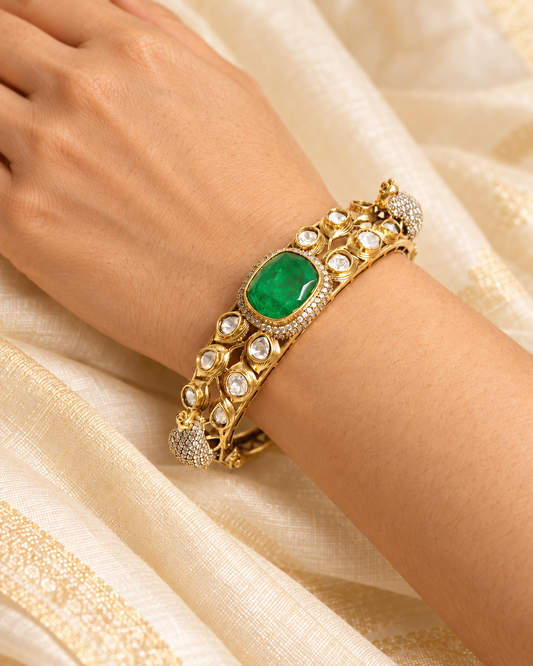 Emerald Green Polki Elephant Motif Kada — AI-styled model view; fit estimated from original reference photograph