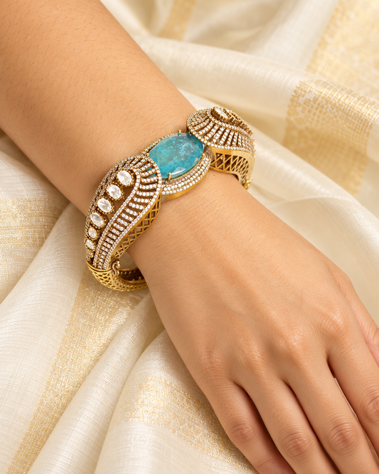 Aqua Blue Stone Paisley Ad Statement Kada — AI-styled model view; fit estimated from original reference photograph