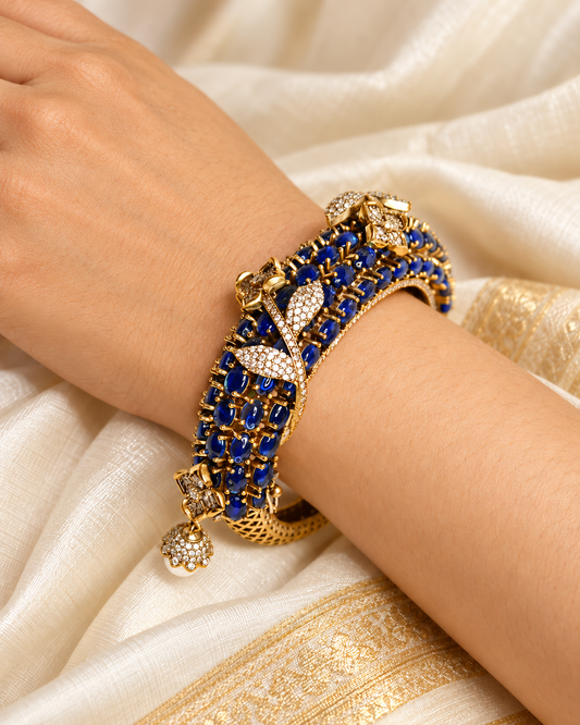 Royal Blue Beaded Leaf Motif Layered Kada — AI-styled model view; fit estimated from original reference photograph