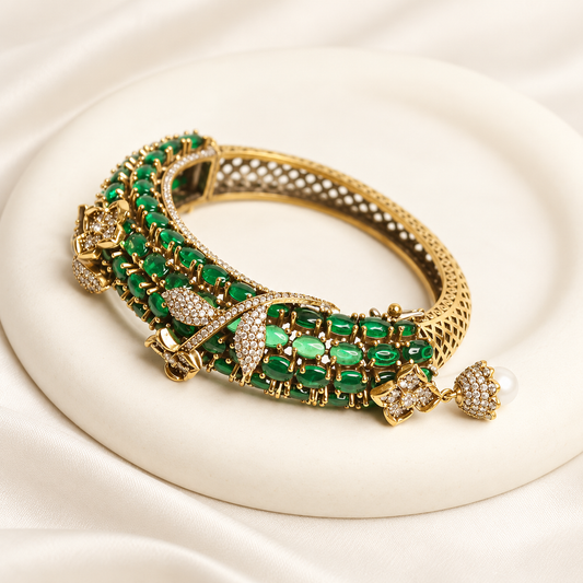 Emerald Green Beaded Leaf Motif Layered Kada — Retouched product hero view from original photographs