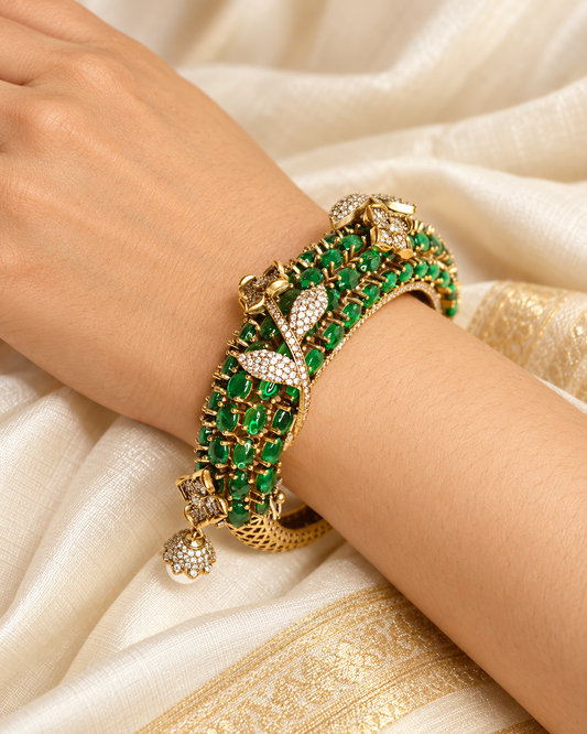 Emerald Green Beaded Leaf Motif Layered Kada — AI-styled model view; fit estimated from original reference photograph