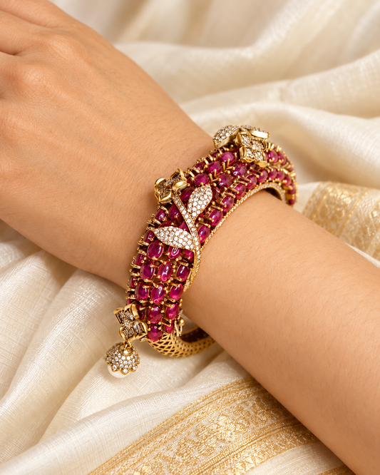 Ruby Pink Beaded Leaf Motif Layered Kada — AI-styled model view; fit estimated from original reference photograph