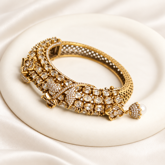 Champagne Crystal Leaf Motif Layered Kada — Retouched product hero view from original photographs