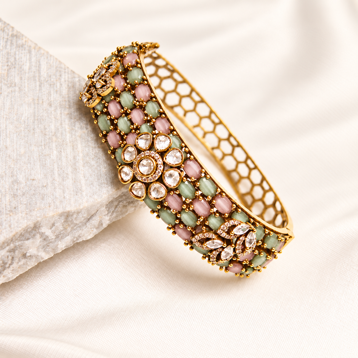Pastel Pink & Mint Kundan Mosaic Kada — Retouched product alternate view from original photographs