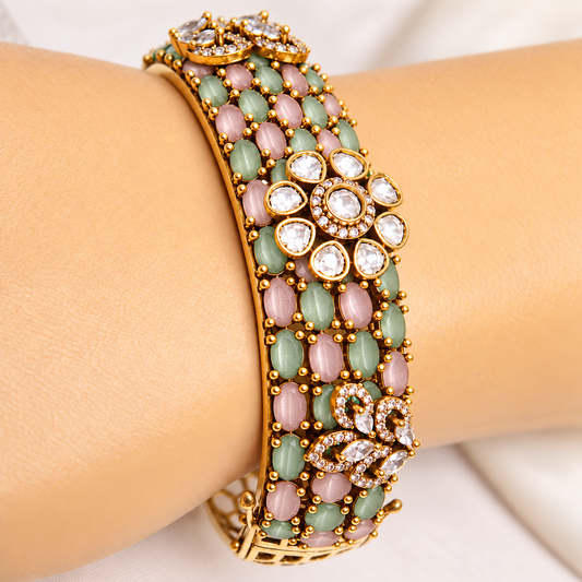 Pastel Pink & Mint Kundan Mosaic Kada — Retouched product detail view from original photographs