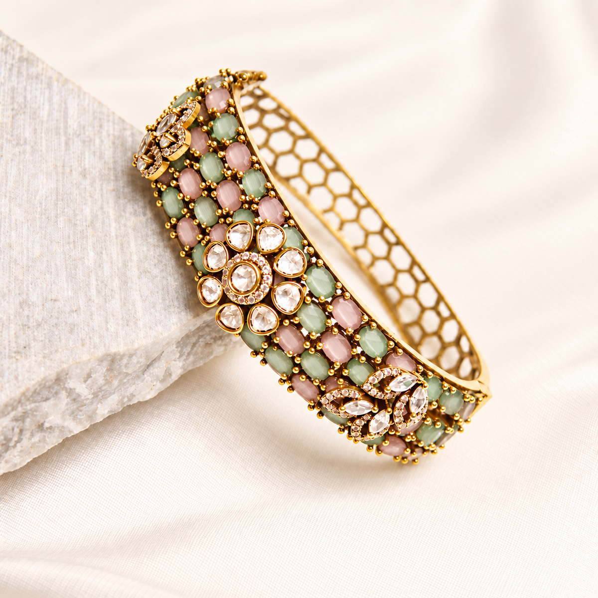 Pastel Pink & Mint Kundan Mosaic Kada — Retouched product hero view from original photographs