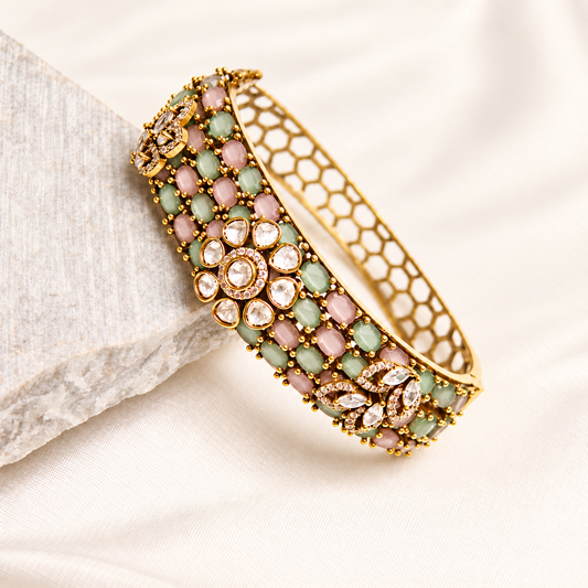 Pastel Pink & Mint Kundan Mosaic Kada — Retouched product hero view from original photographs