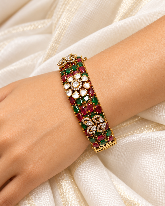 Red & Green Kundan Mosaic Kada — AI-styled model view; fit estimated from original reference photograph