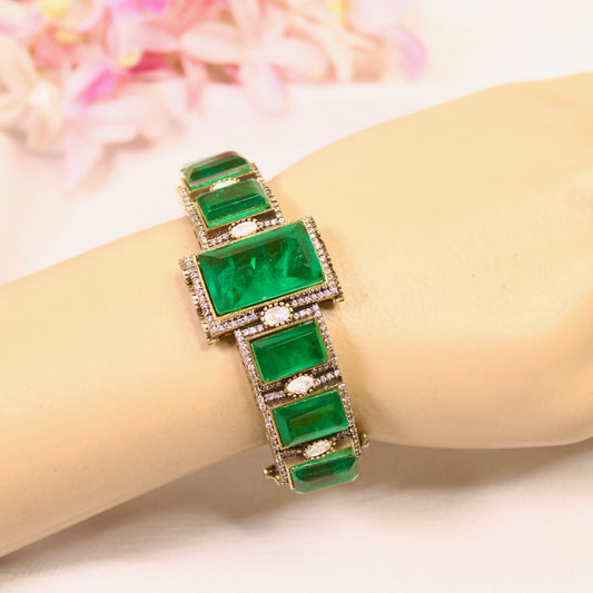 Emerald Green Rectangle Stone Openable Kada – wrist view