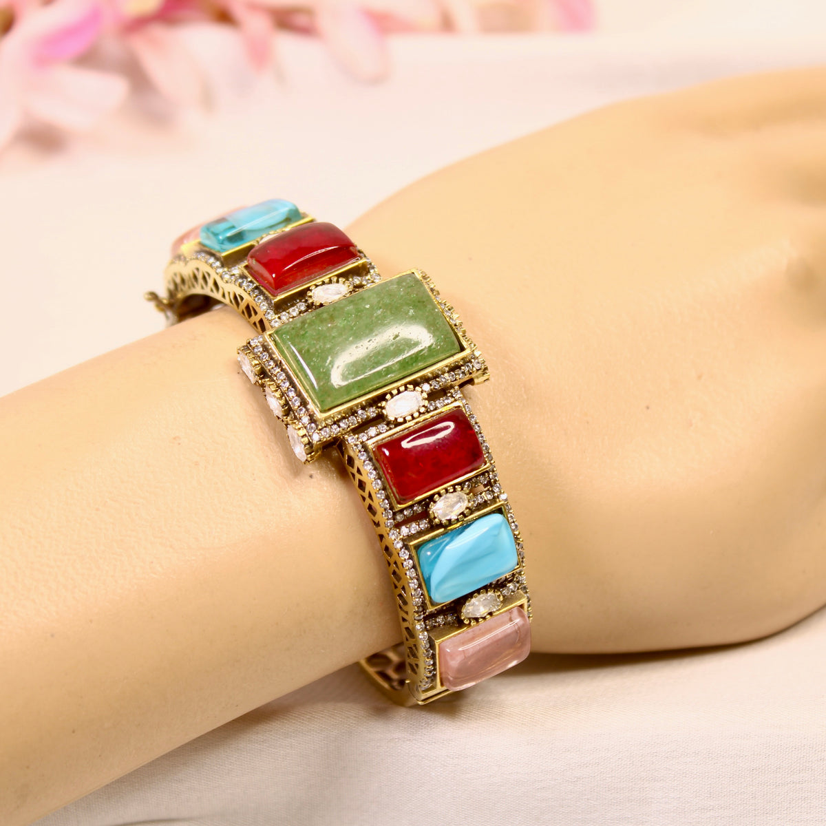 Pastel Multicolour Rectangle Stone Openable Kada – wrist view