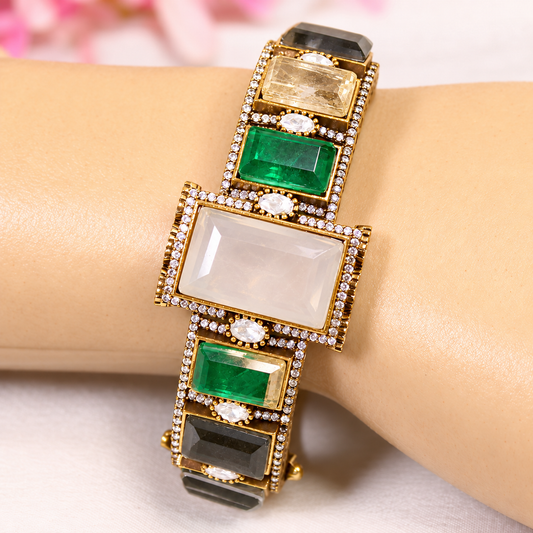 Ivory & Emerald Rectangle Stone Openable Kada — Retouched product detail view from original photographs