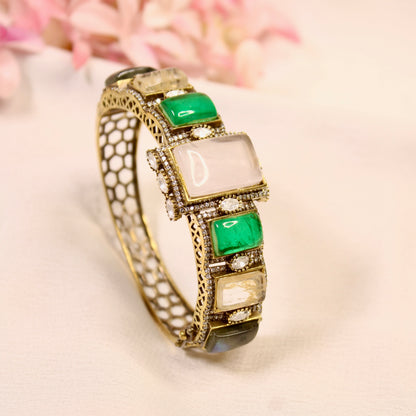 Ivory & Emerald Rectangle Stone Openable Kada – product detail view