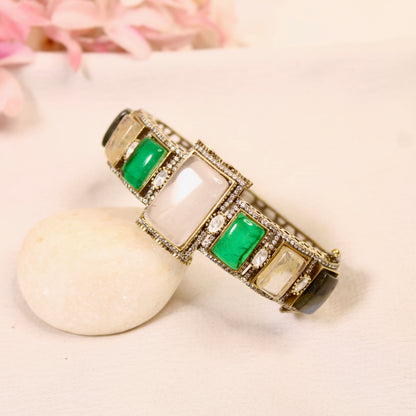 Ivory & Emerald Rectangle Stone Openable Kada – product detail view