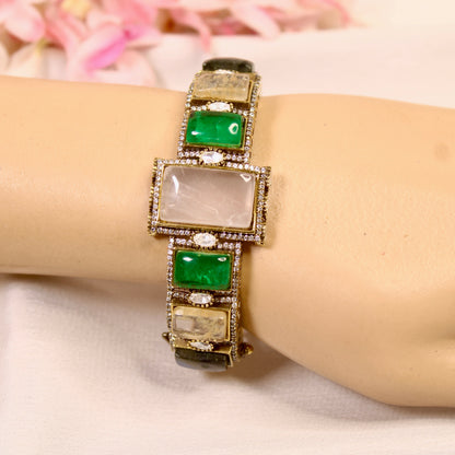 Ivory & Emerald Rectangle Stone Openable Kada – wrist view