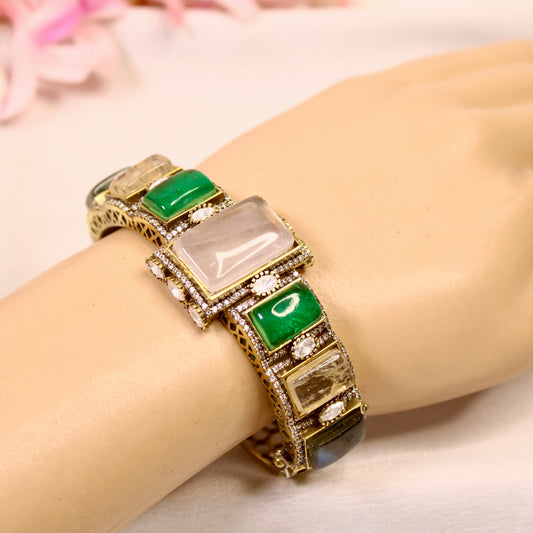 Ivory & Emerald Rectangle Stone Openable Kada – wrist view