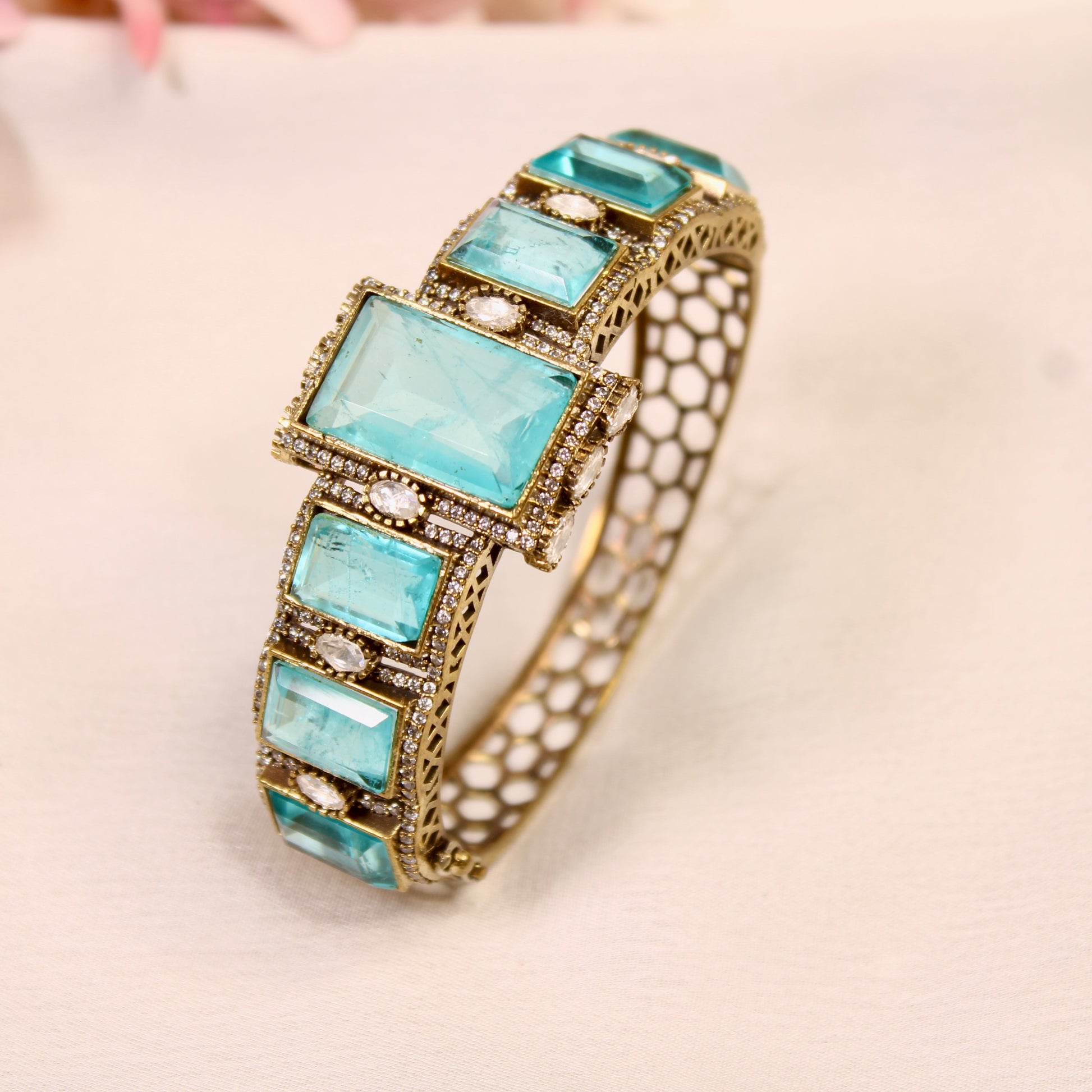 Aqua Blue Rectangle Stone Openable Kada – product detail view