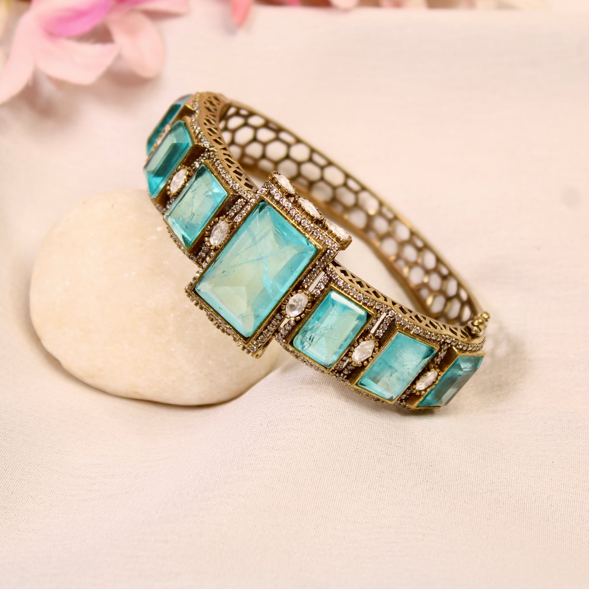 Aqua Blue Rectangle Stone Openable Kada – product detail view