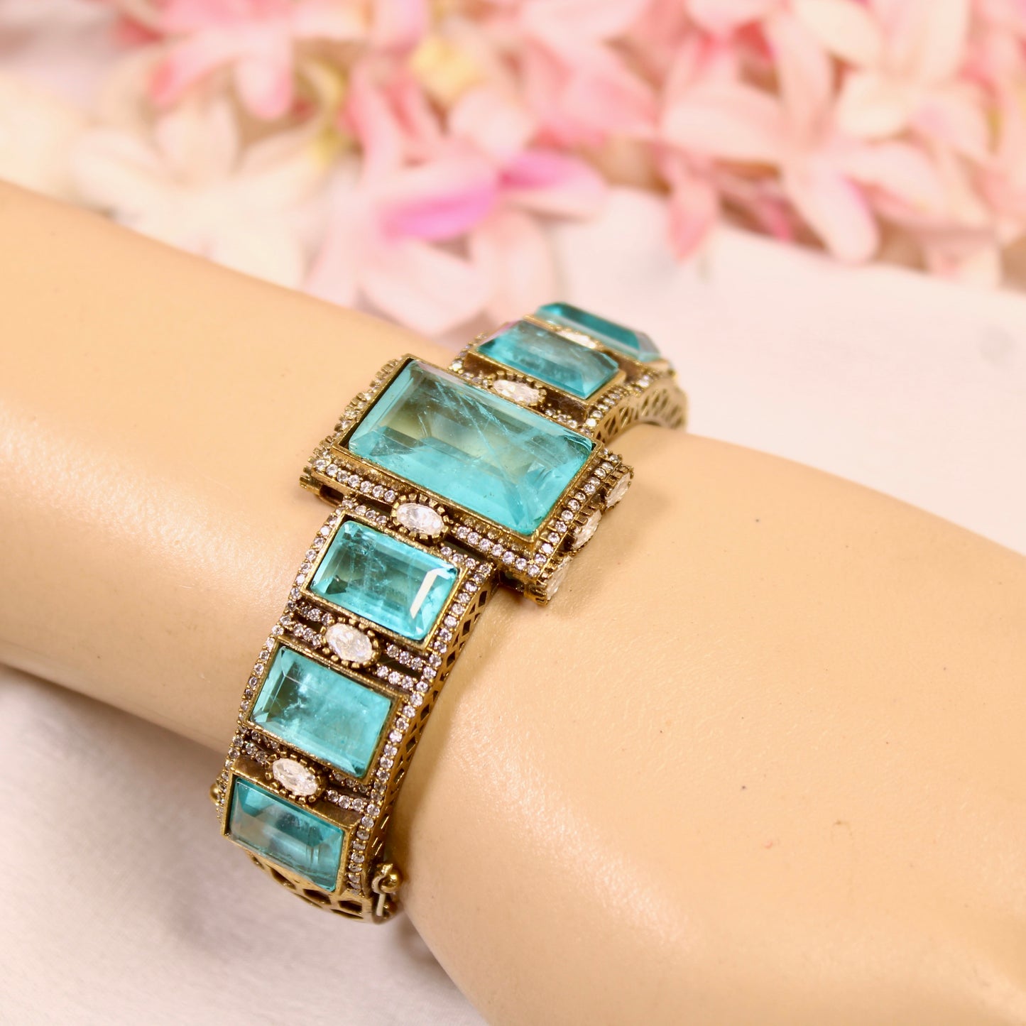 Aqua Blue Rectangle Stone Openable Kada – wrist view
