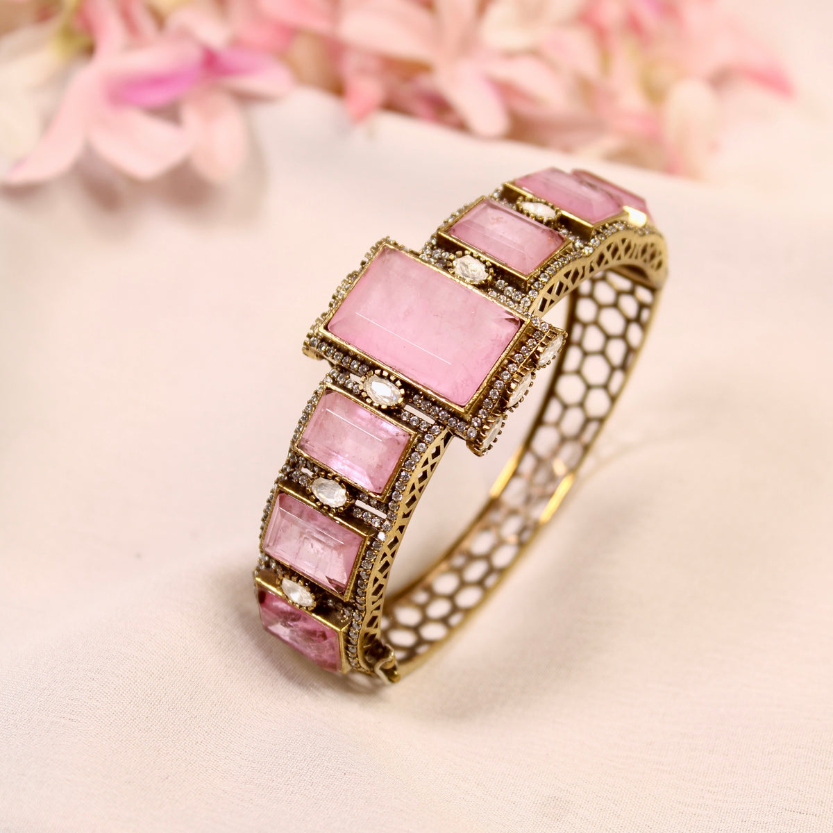 Blush Pink Rectangle Stone Openable Kada – product detail view