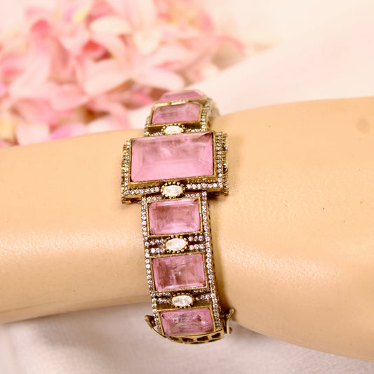 Blush Pink Rectangle Stone Openable Kada – wrist view