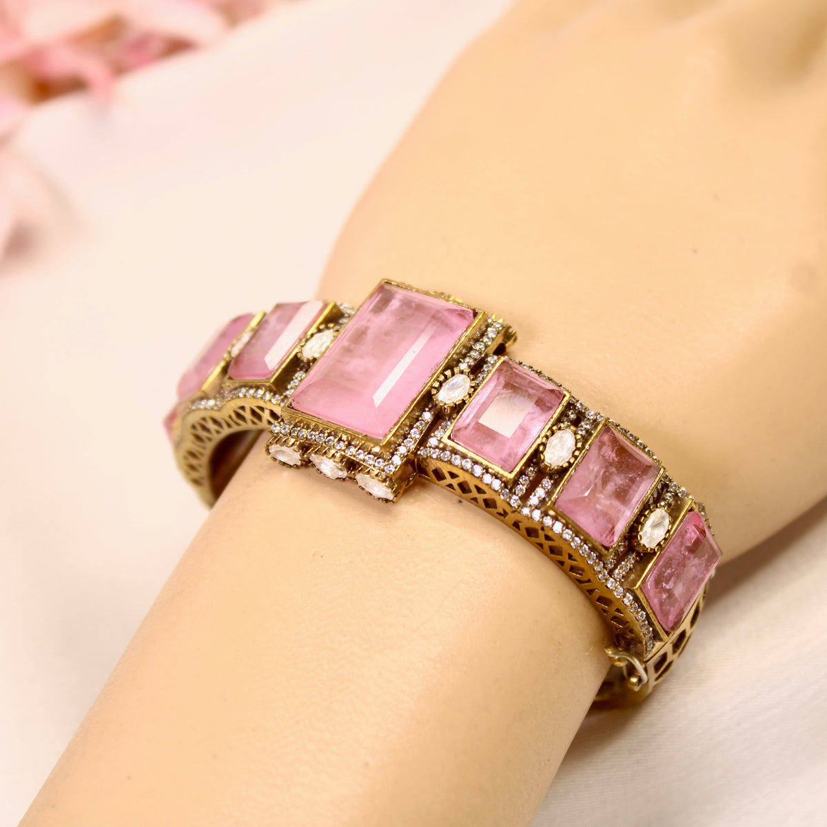 Blush Pink Rectangle Stone Openable Kada – wrist view