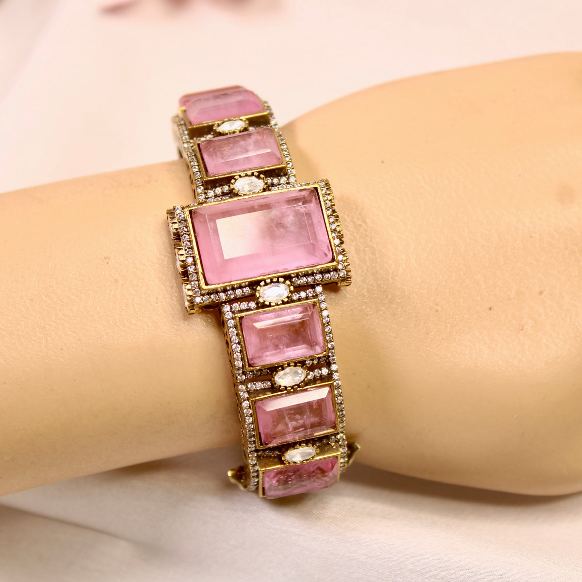 Blush Pink Rectangle Stone Openable Kada – wrist view