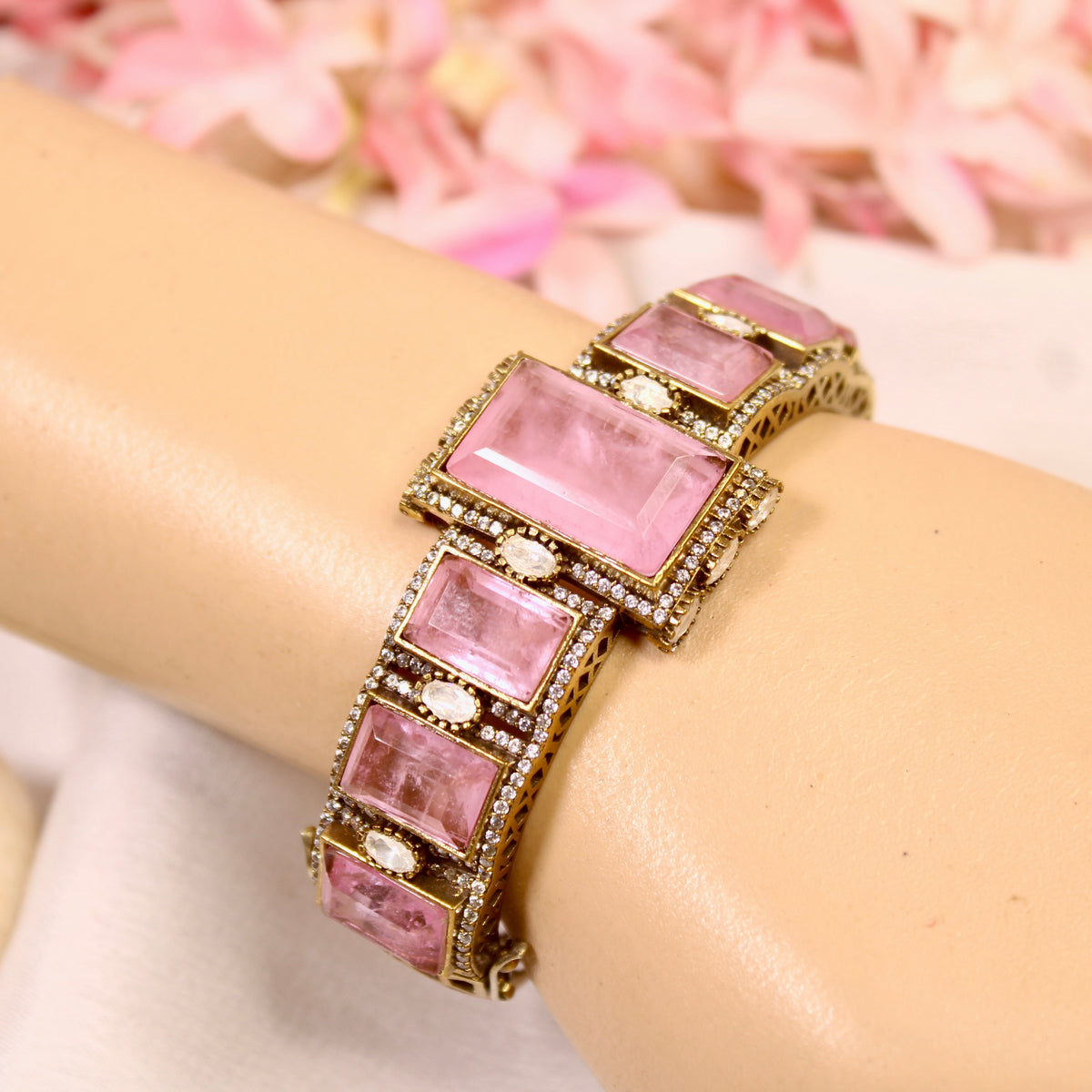Blush Pink Rectangle Stone Openable Kada – wrist view