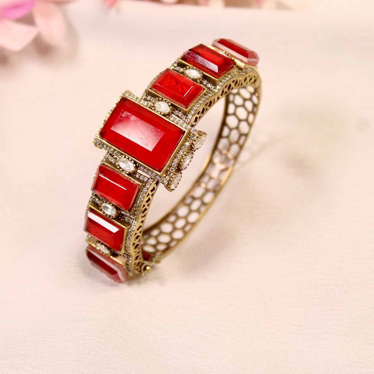 Ruby Red Rectangle Stone Openable Kada – product detail view