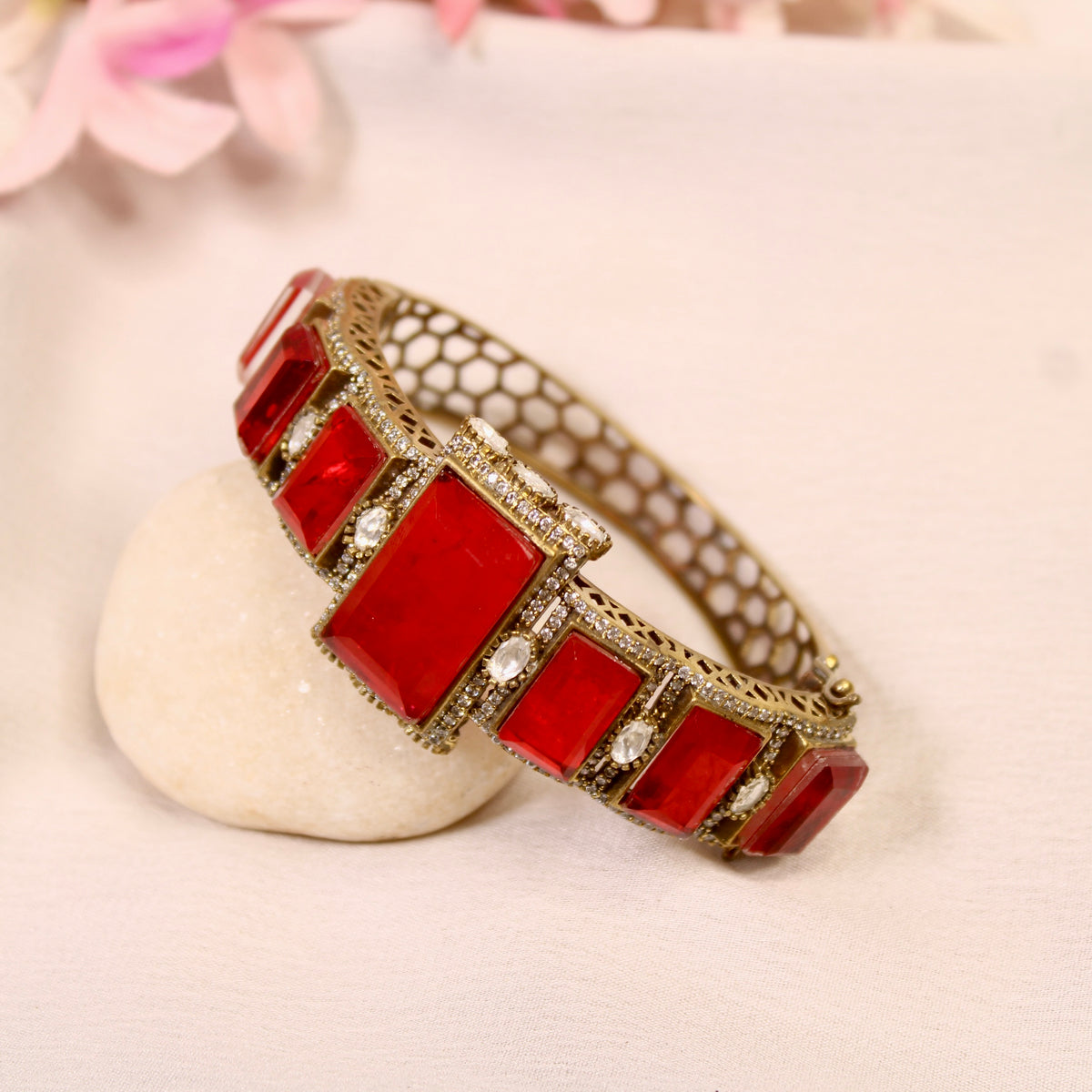 Ruby Red Rectangle Stone Openable Kada – product detail view