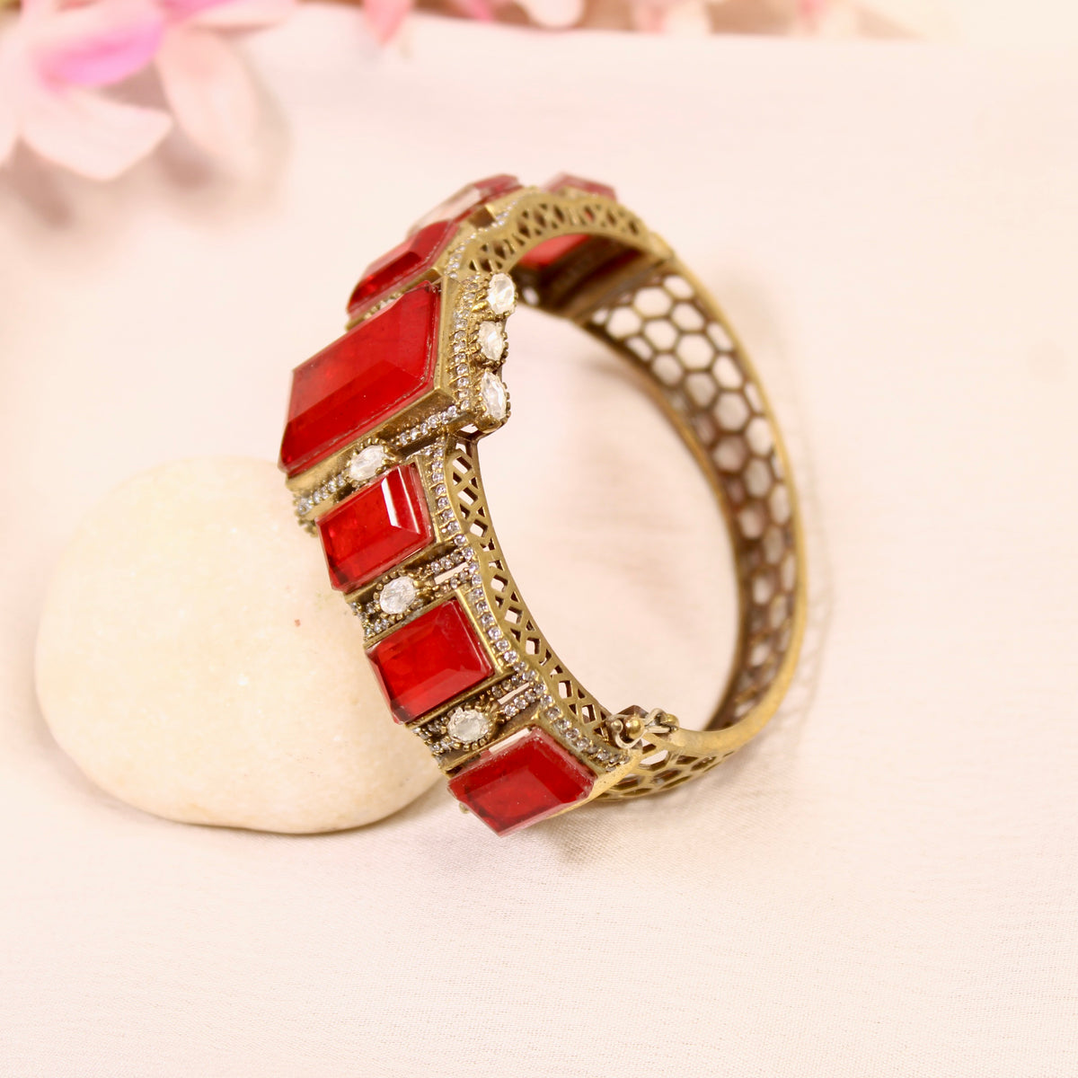 Ruby Red Rectangle Stone Openable Kada – product detail view