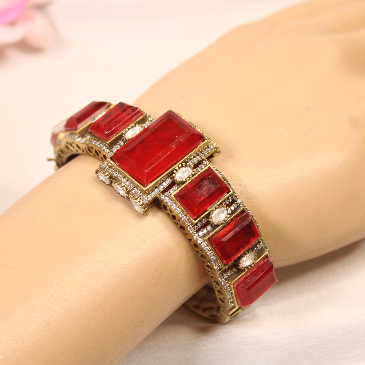 Ruby Red Rectangle Stone Openable Kada – wrist view