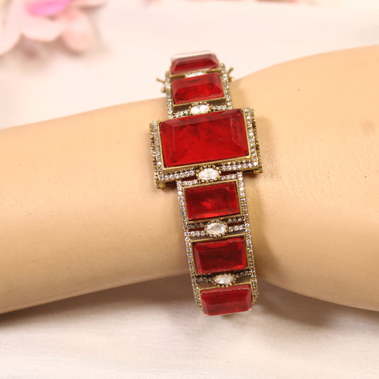 Ruby Red Rectangle Stone Openable Kada – wrist view