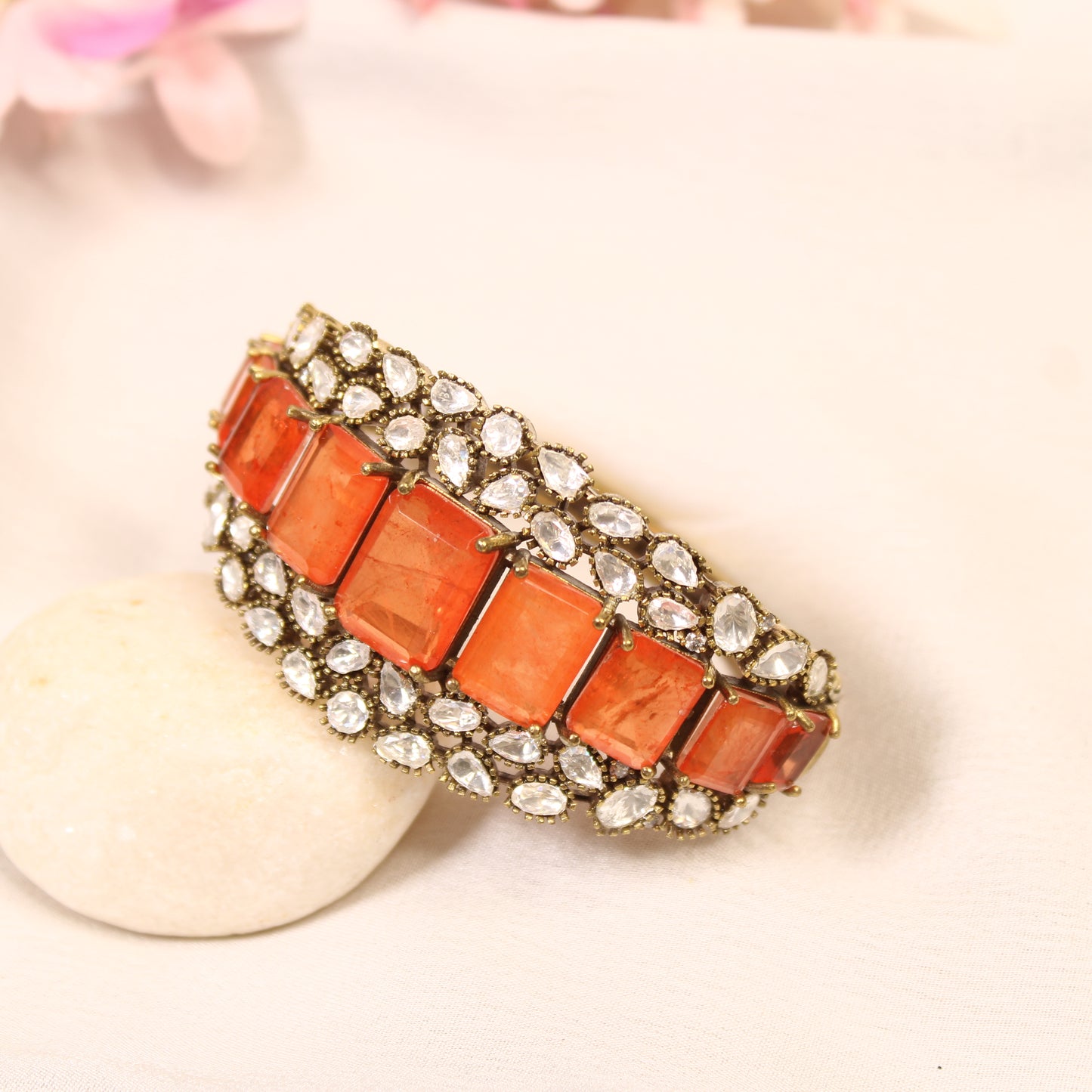 Coral Orange Crystal Polki Layered Kada – product detail view