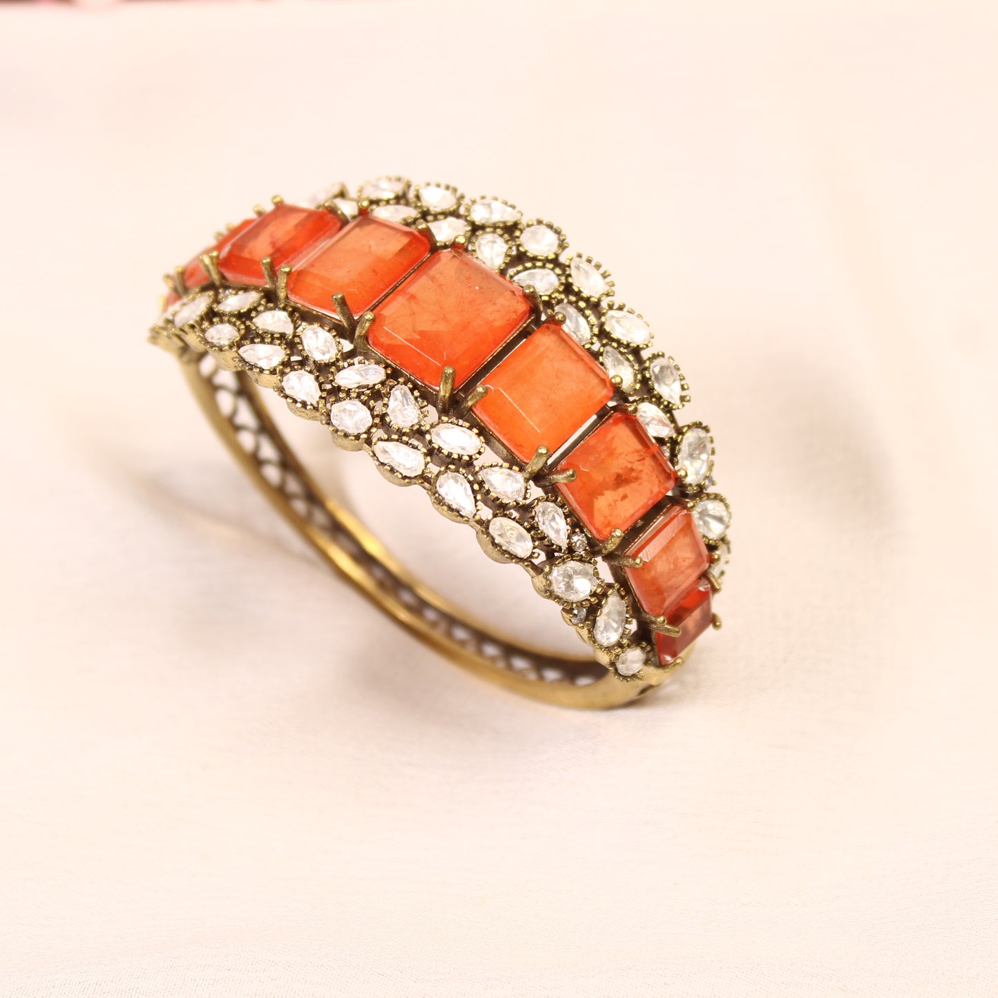 Coral Orange Crystal Polki Layered Kada – product detail view