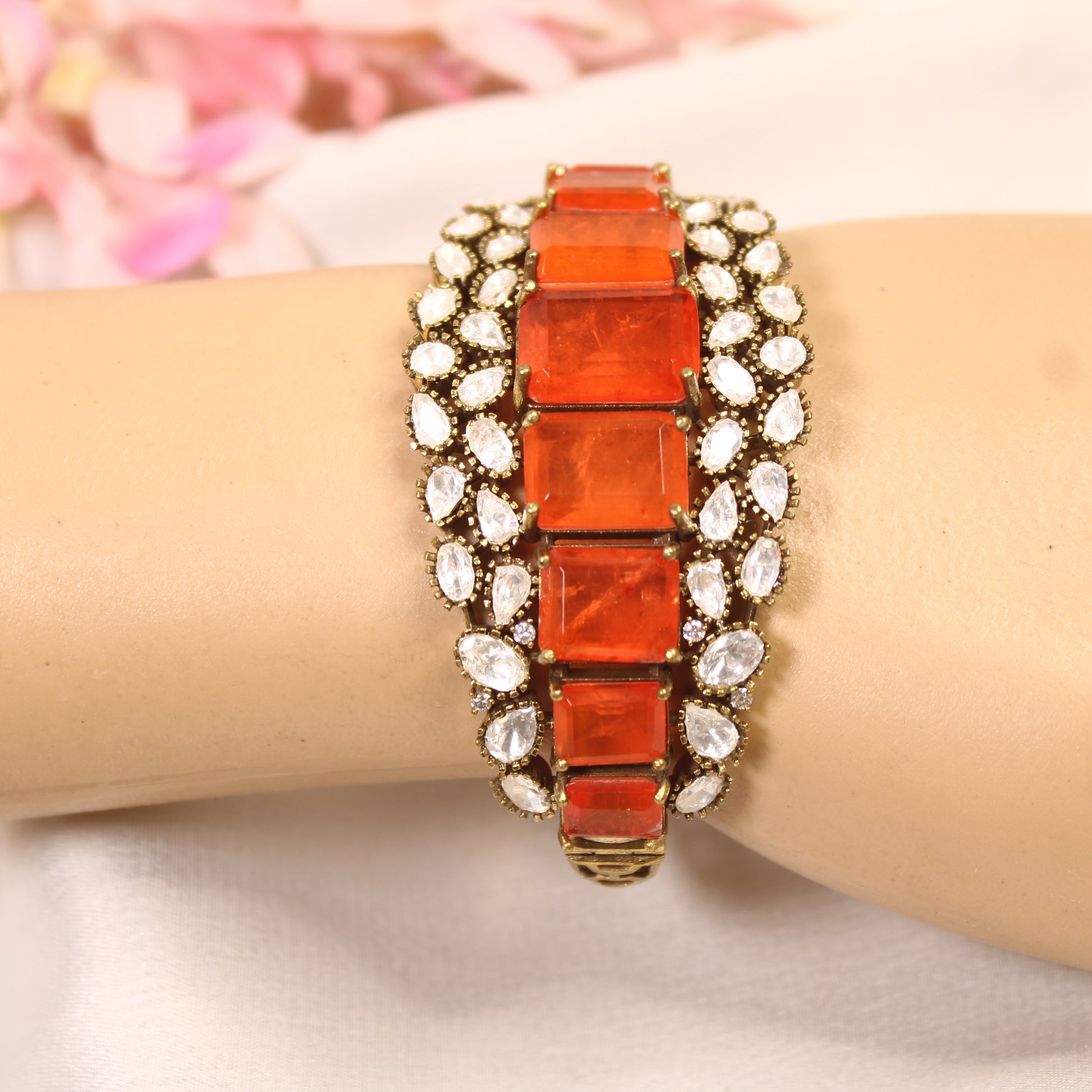 Coral Orange Crystal Polki Layered Kada – wrist view