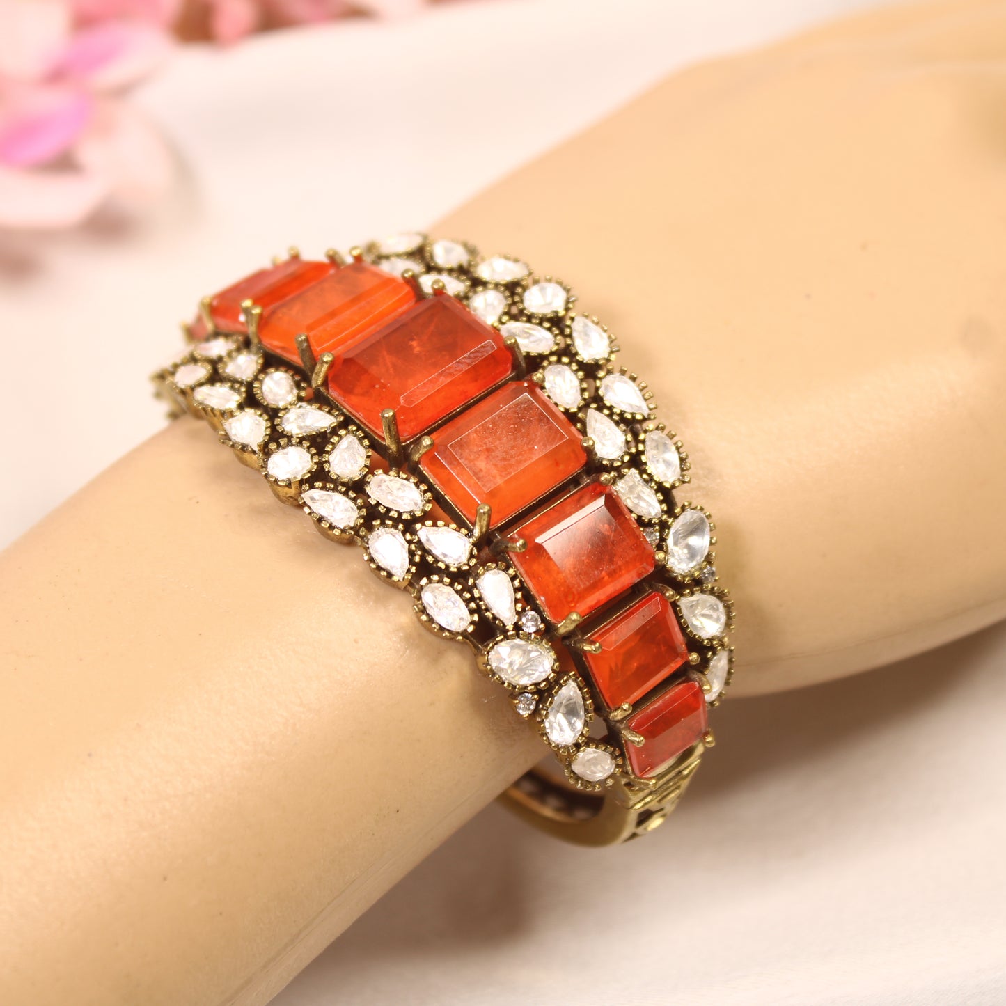 Coral Orange Crystal Polki Layered Kada – wrist view
