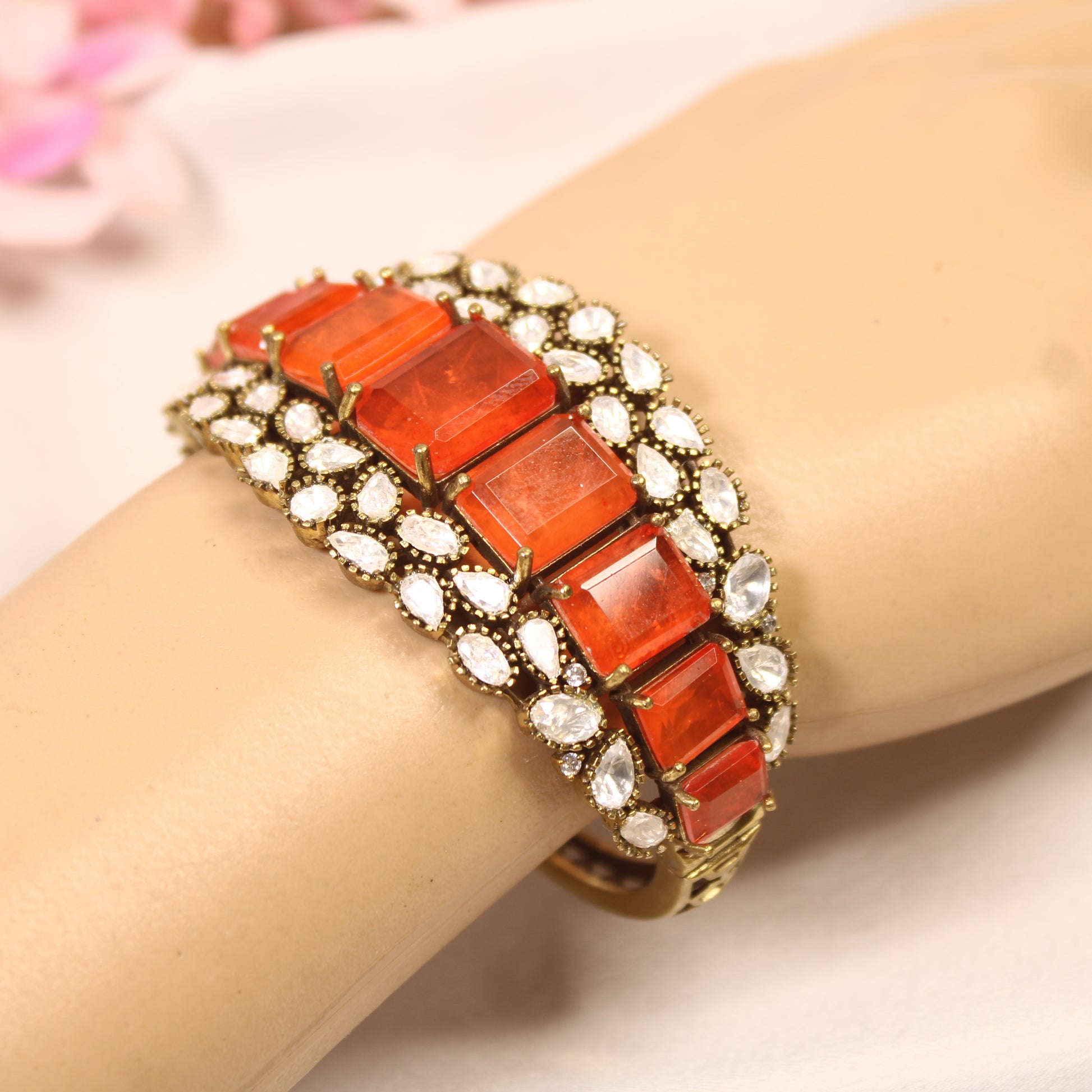 Coral Orange Crystal Polki Layered Kada – wrist view
