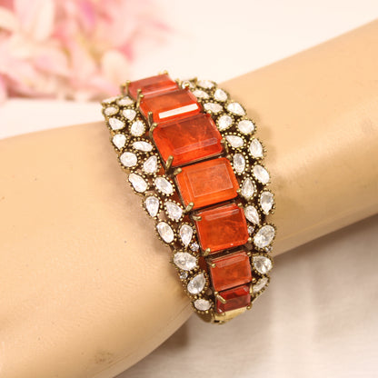 Coral Orange Crystal Polki Layered Kada – wrist view