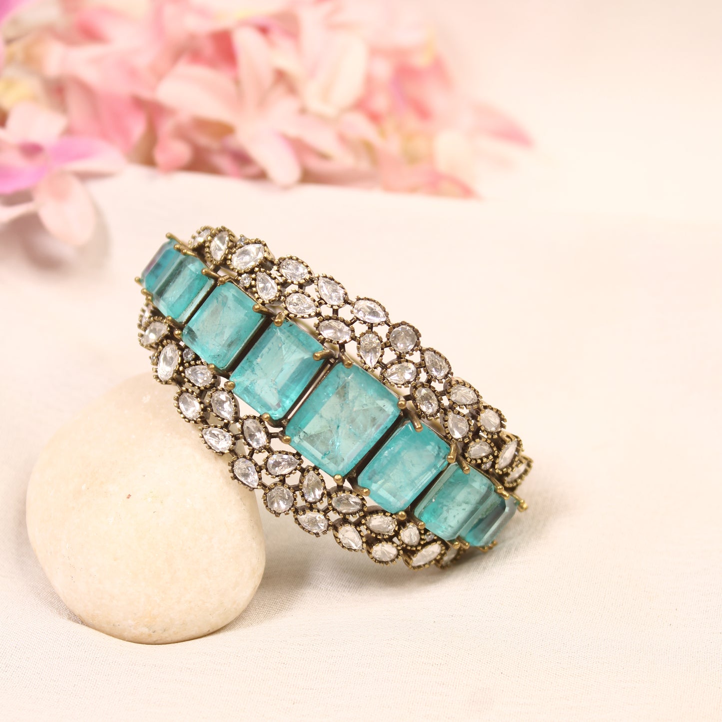 Aqua Blue Crystal Polki Layered Kada – product detail view