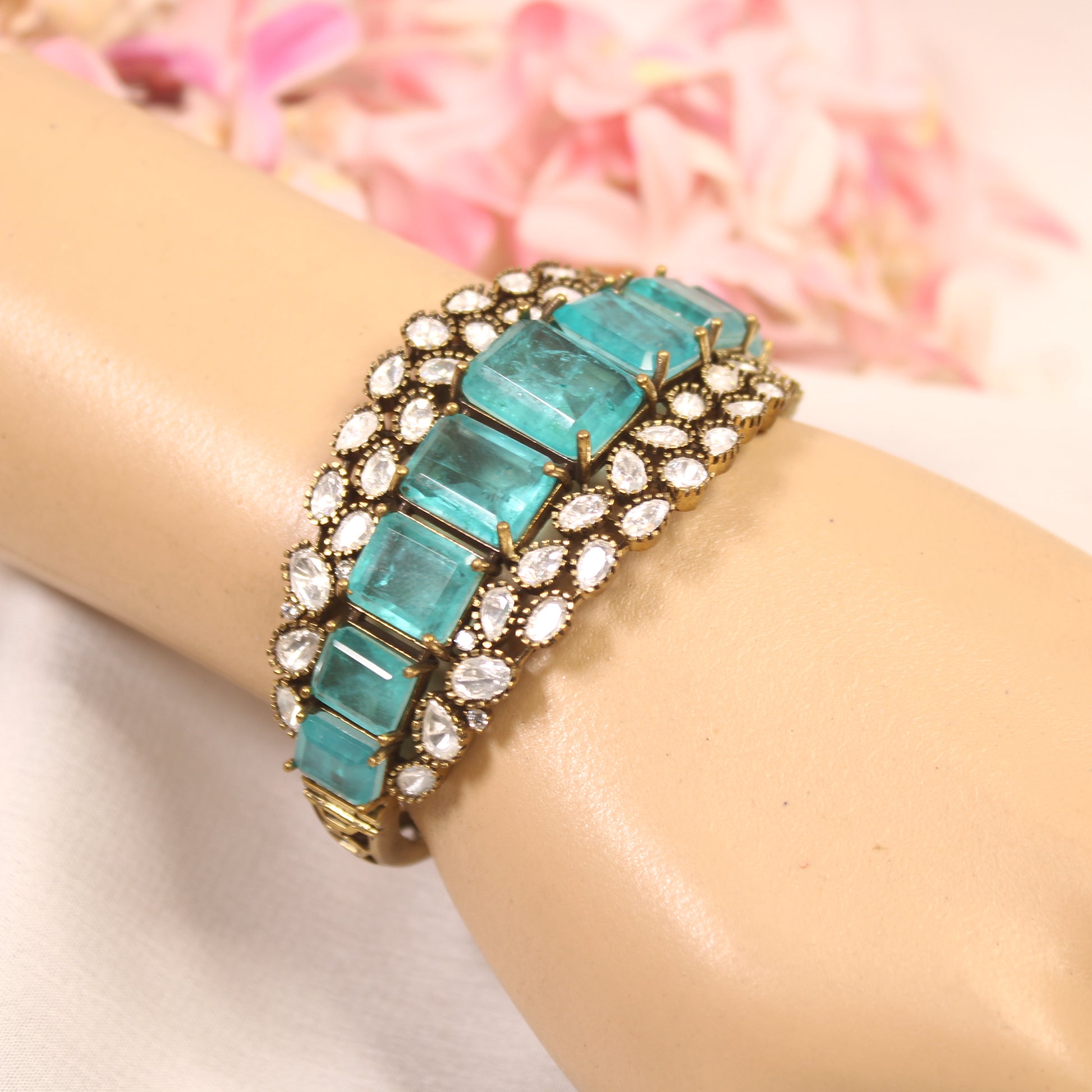 Aqua Blue Crystal Polki Layered Kada – wrist view